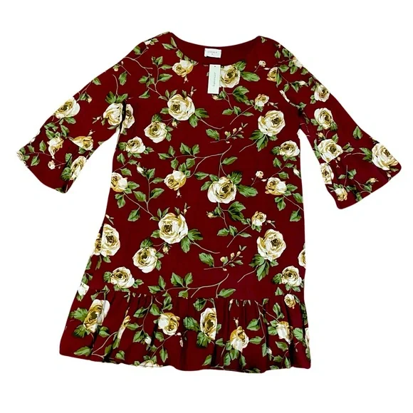 Francesca's Collections | Dresses | Francescas Everly Floral Print Dress  Maroon Wine Cream Rose Print Size Med Tunic | Poshmark
